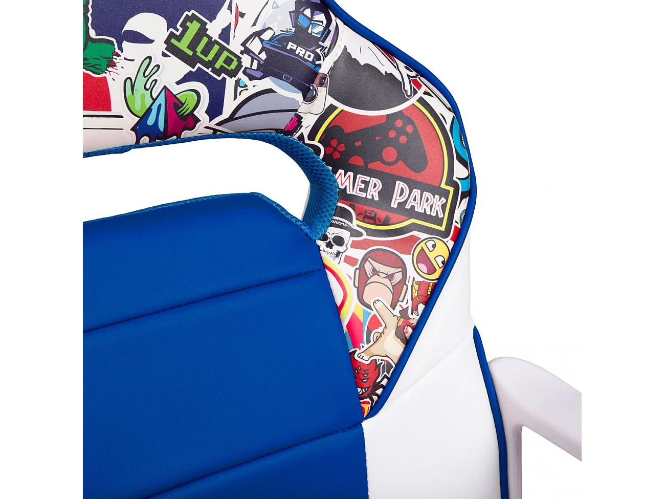 Silla gaming con ruedas y reposabrazos en blanco y azul 98-109,5 cm DRW Sticker Sticker Blanco Azul DRW