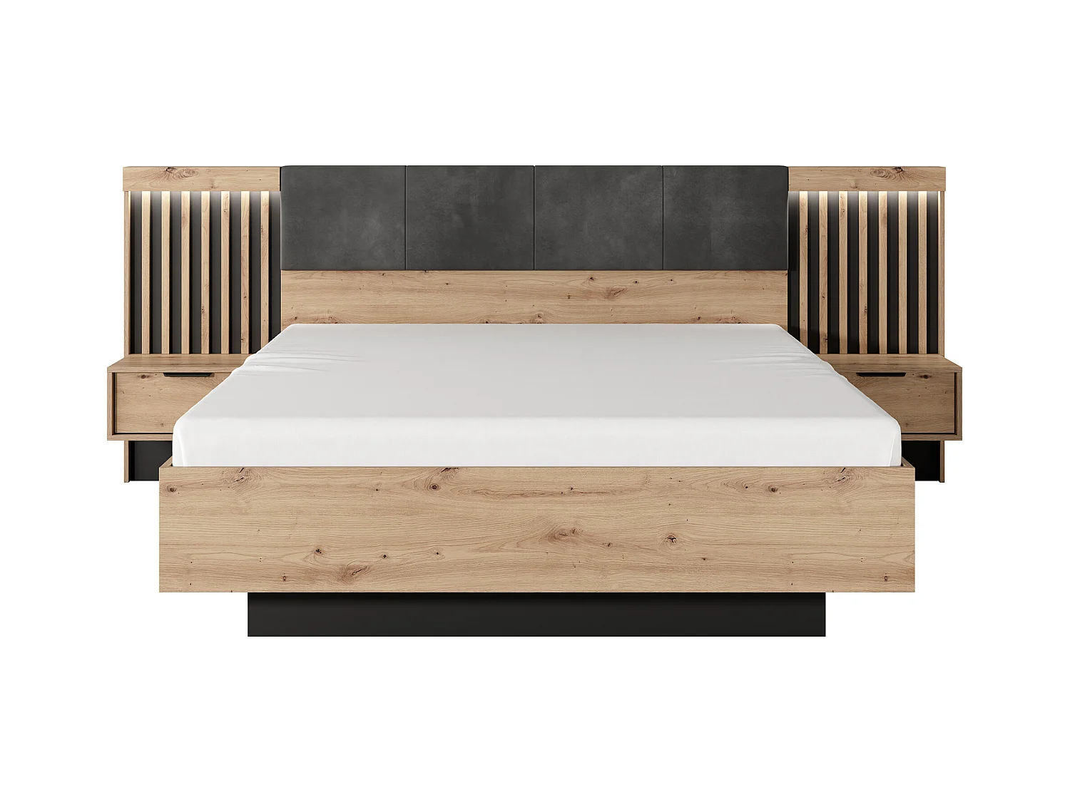 Bett mit Nachttischen & LED-Beleuchtung - 160 x 200 cm - Holzfarben & Schwarz - ARIADA