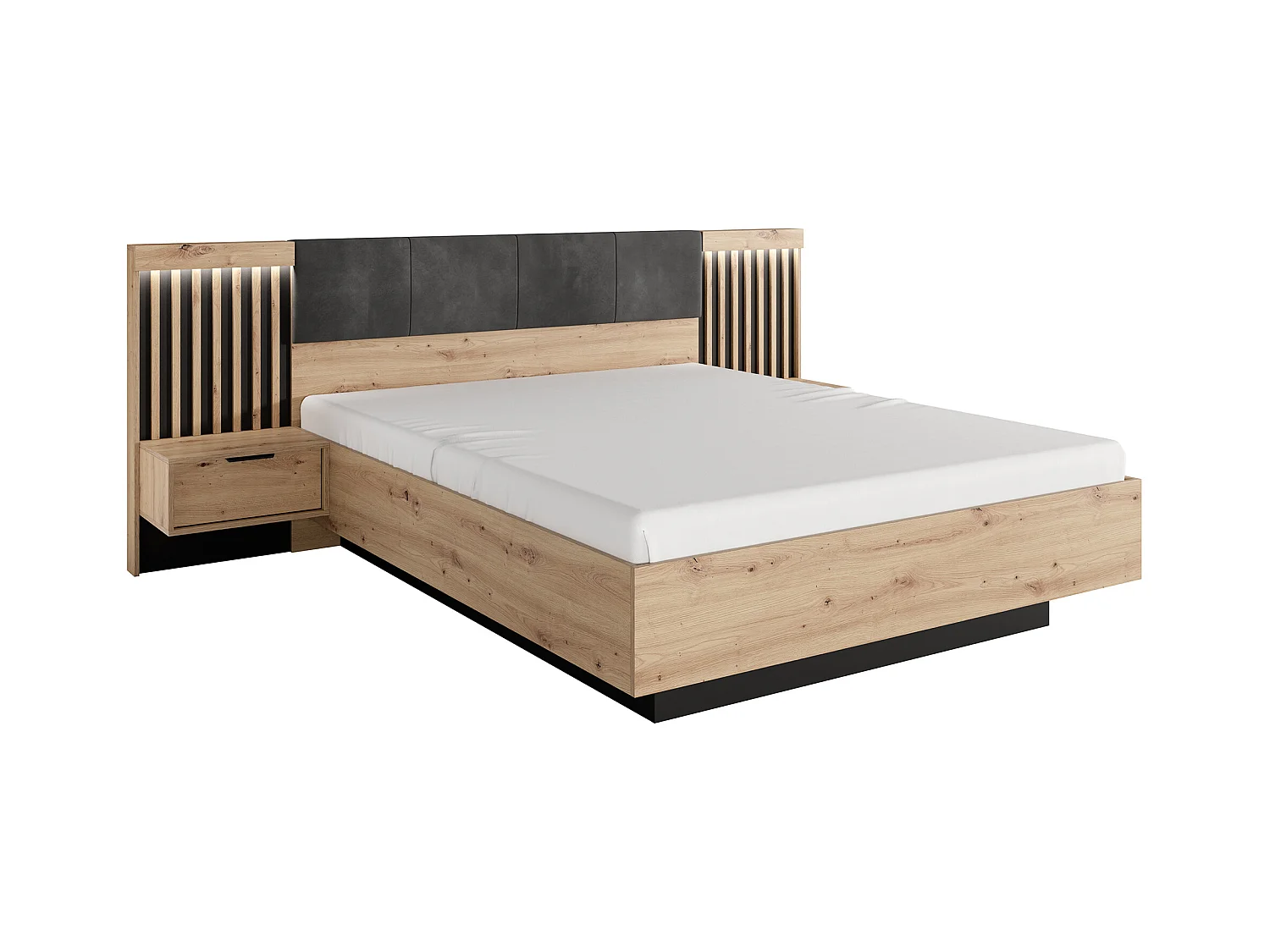 Letto con comodini e LED 160 x 200 cm Naturale e Nero - ARIADA