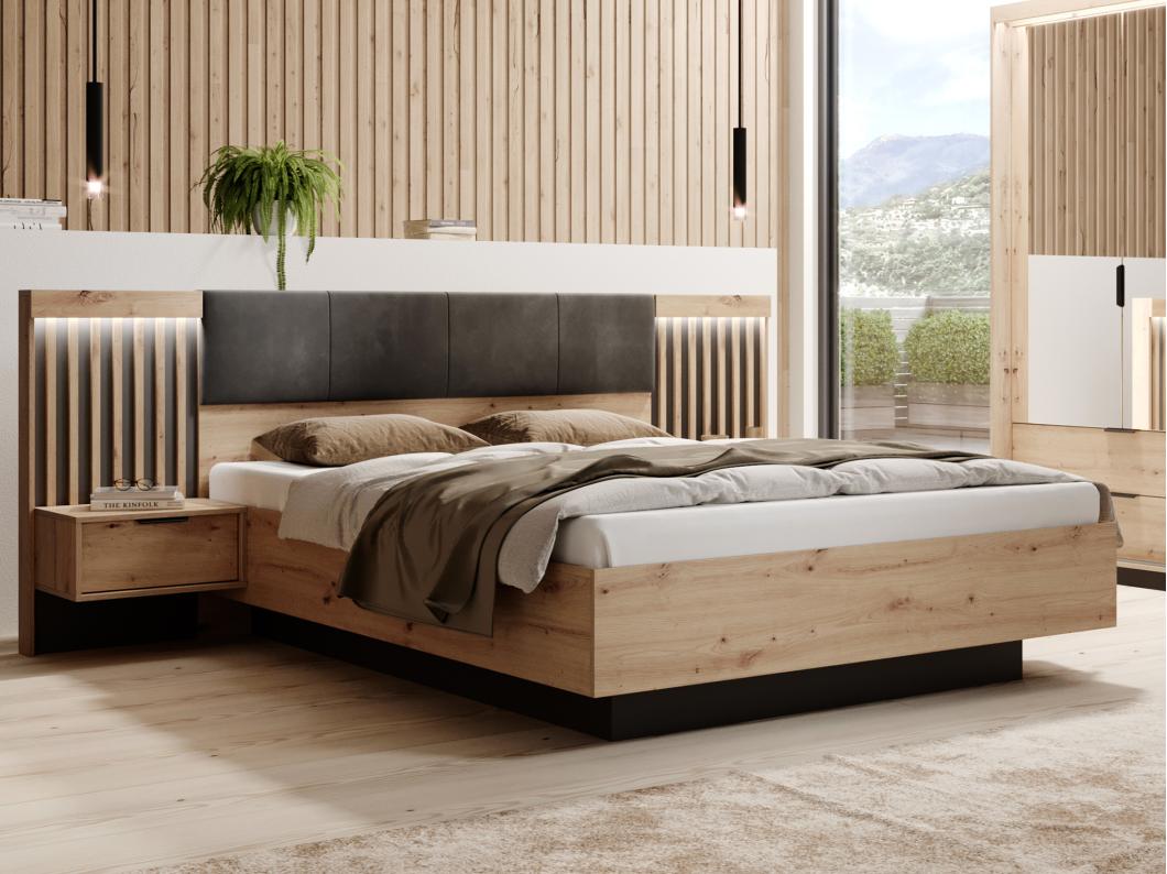 Letto con comodini e LED 160 x 200 cm Naturale e Nero - ARIADA