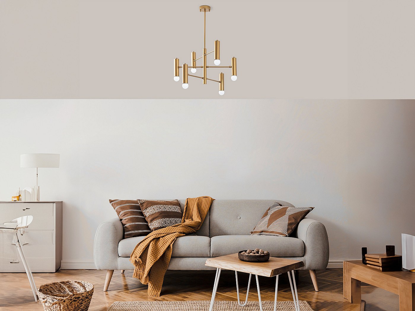 Suspension, lustre design en métal 6 spots D.55 x H. 73 cm Doré