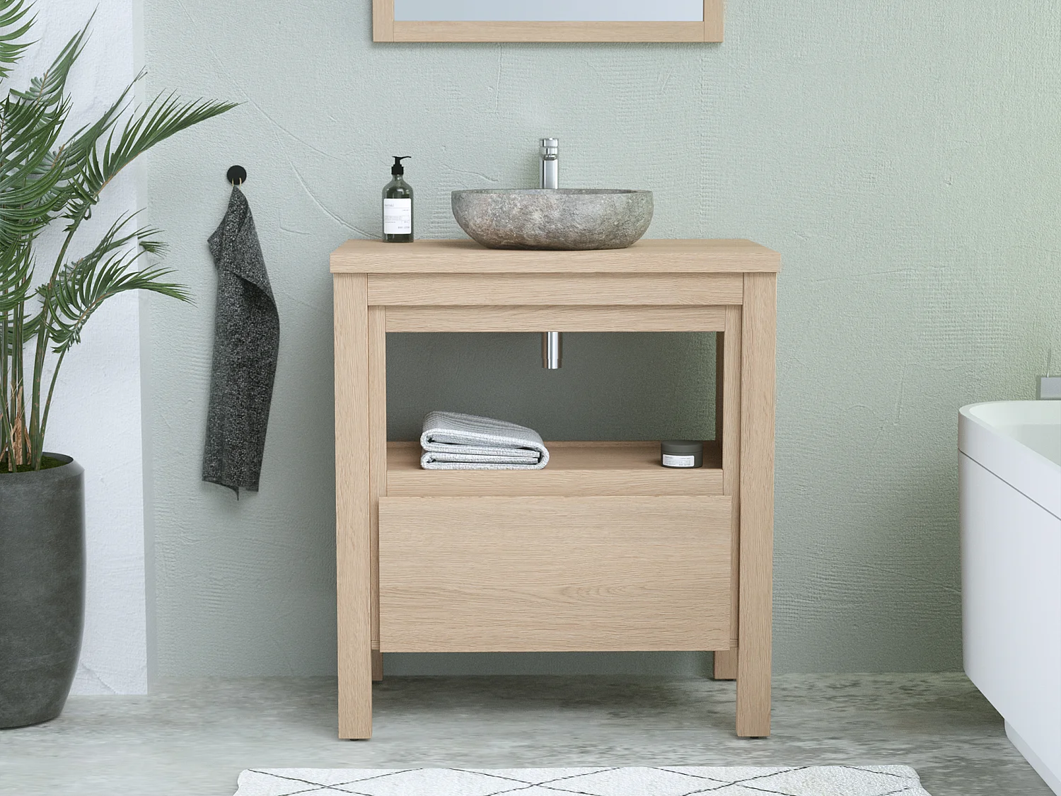 Badezimmerunterschrank mit Aufsatzwaschtisch aus Stein - Eichenfurnier - 80 cm - COSMOTI