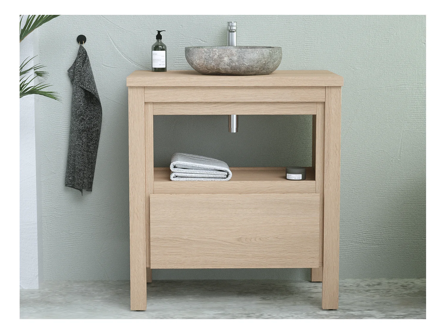 Meuble de salle de bain avec vasque à poser en pierre - Placage chêne - 80 cm - COSMOTI