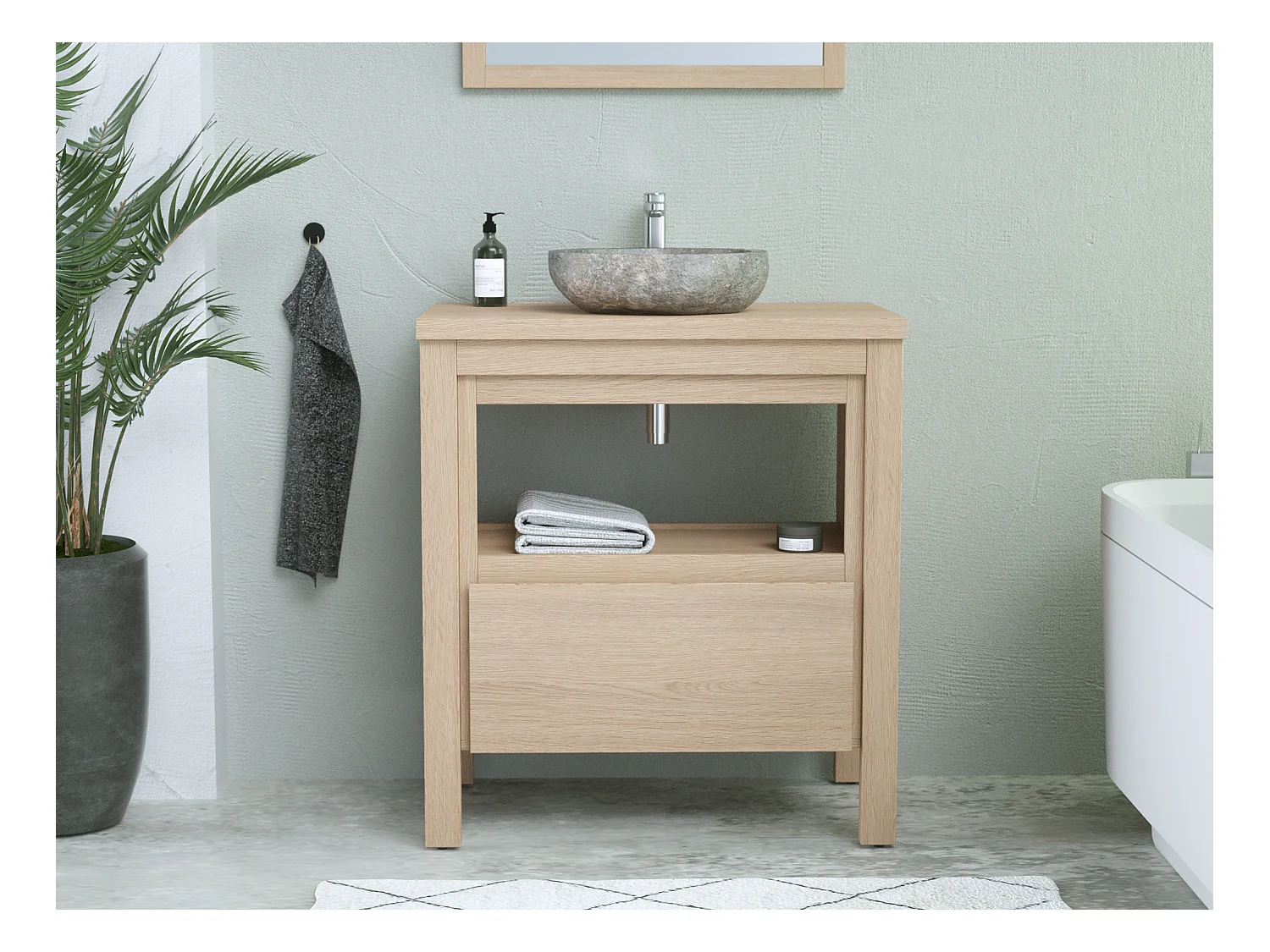 Badkamermeubel met wastafel van steen - Eiken fineer - 80 cm - COSMOTI