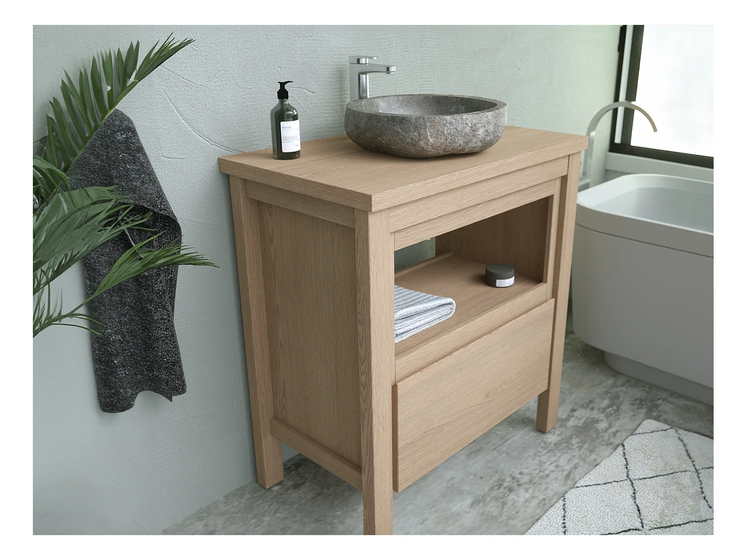 Badkamermeubel met wastafel van steen - Eiken fineer - 80 cm - COSMOTI
