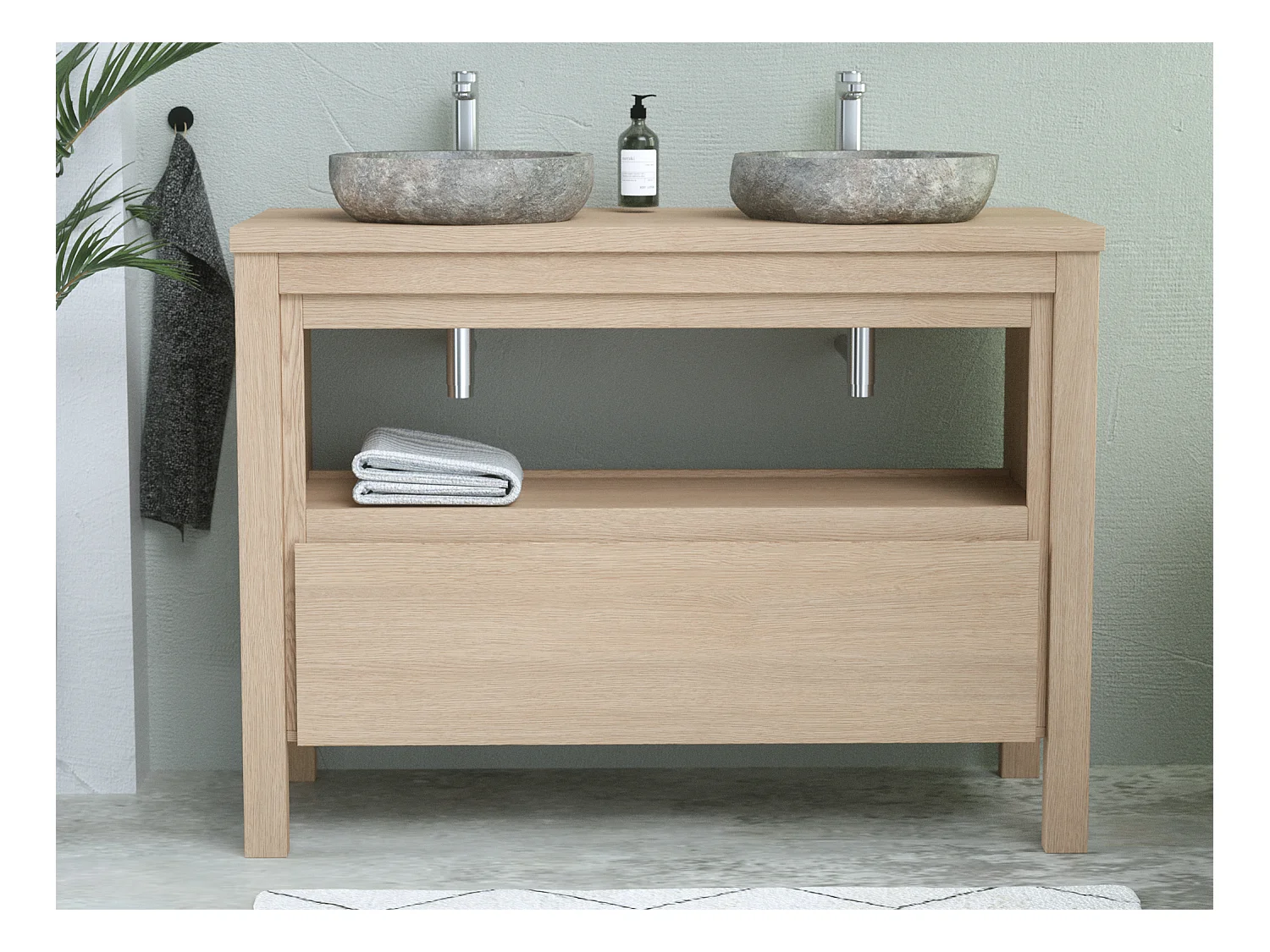 Meuble de salle de bain avec vasque à poser en pierre - Placage chêne - 120 cm - COSMOTI