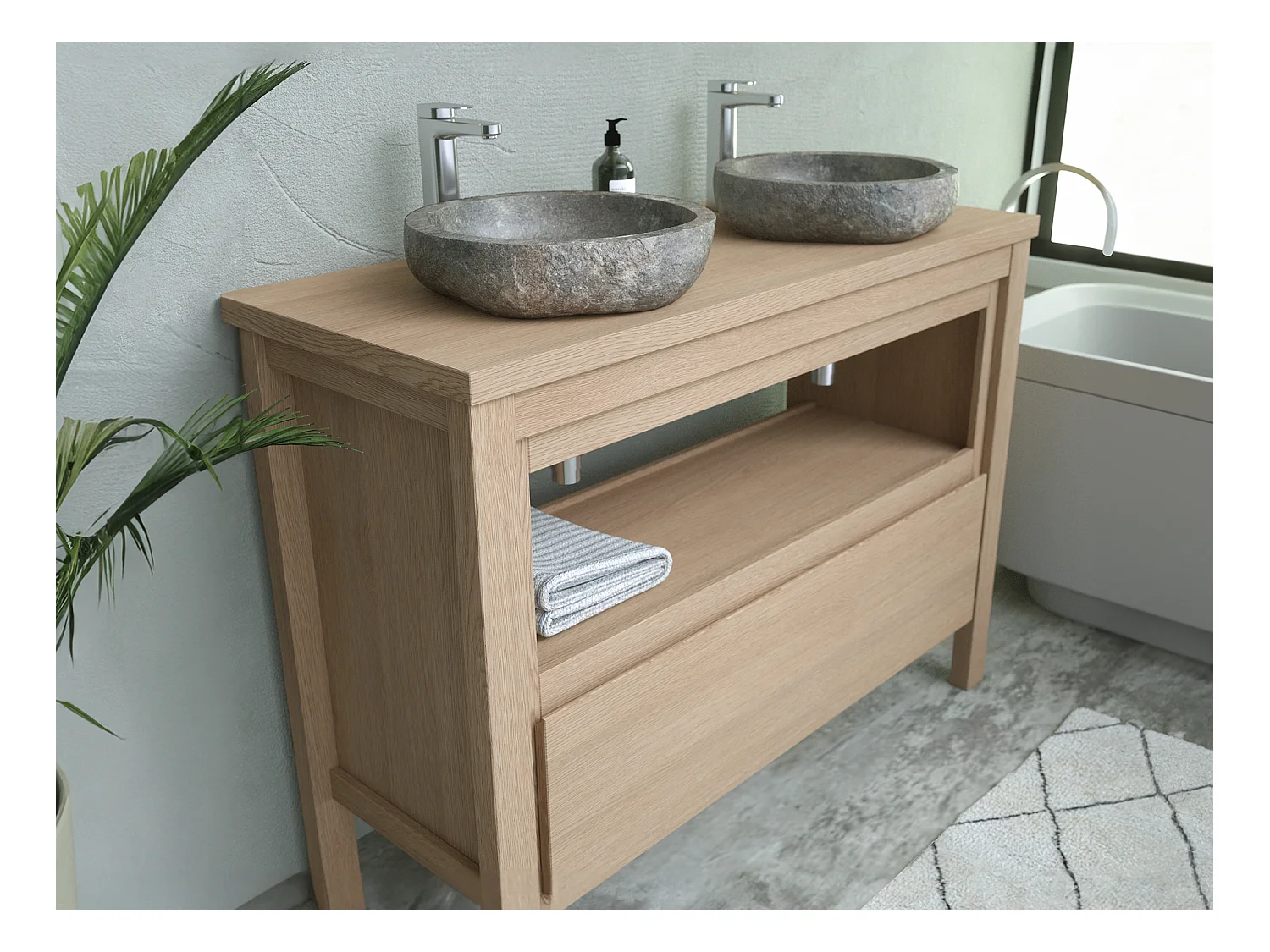 Badkamermeubel met opzetwastafel van steen - Eikenfineer - 120 cm - COSMOTI