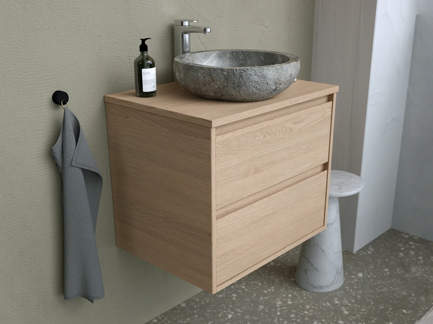 Meuble de salle de bain avec vasque à poser en pierre - Placage chêne - 60 cm - MILIPAM