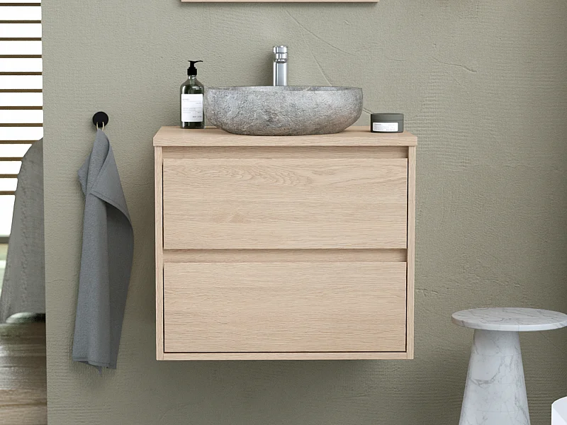 Badkamermeubel met opzetwastafel van steen - Eikenfineer - 60 cm - MILIPAM