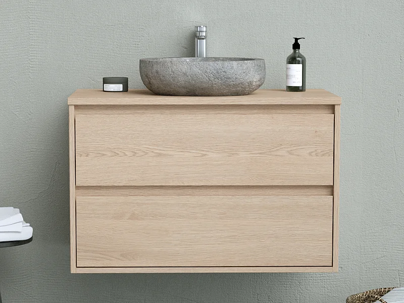Mueble de baño con lavabo de piedra - Chapado en roble - 80 cm - MILIPAM