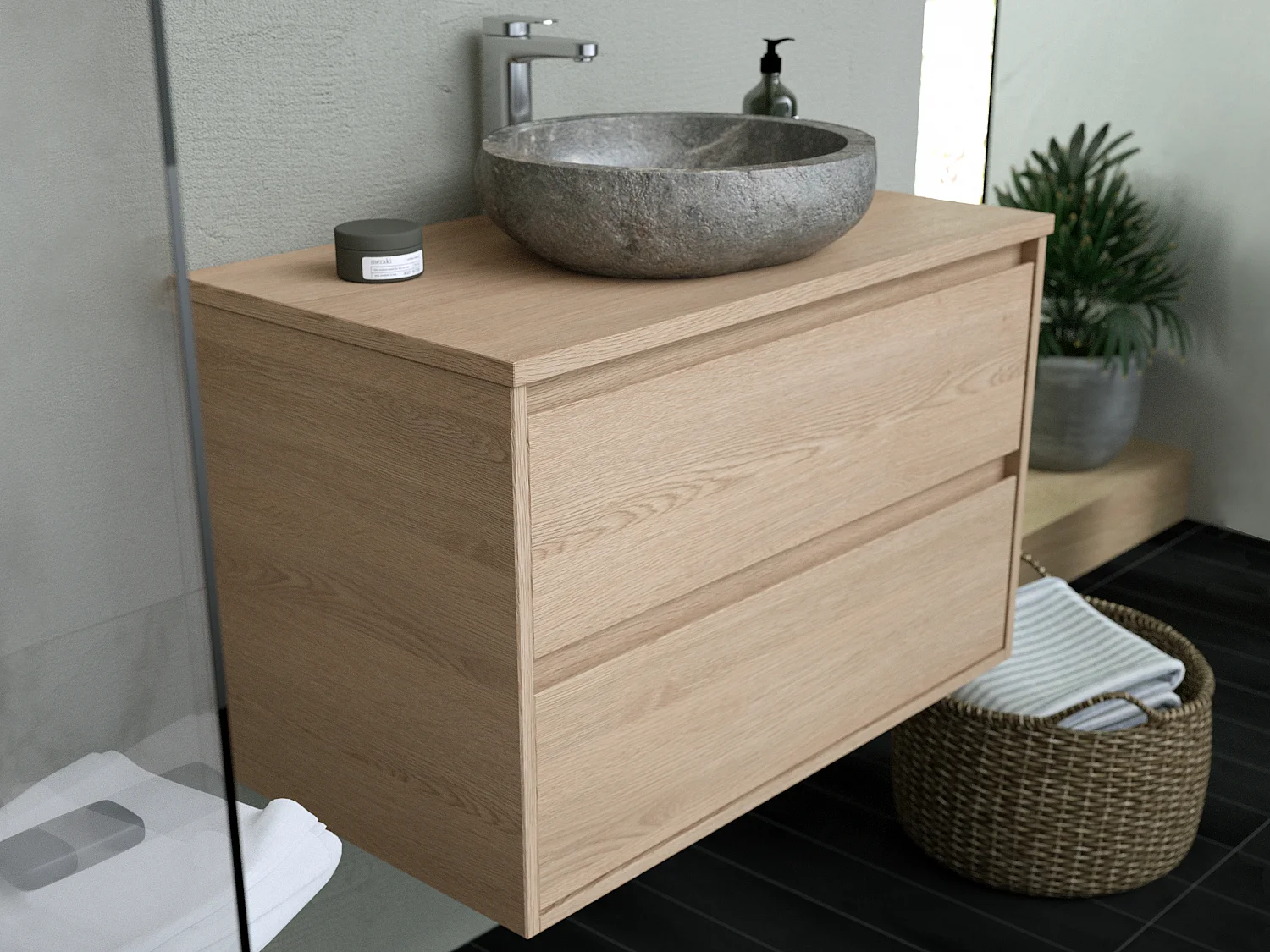 Waschbeckenunterschrank mit Aufsatzwaschtisch aus Stein - Eichenfurnier - 80 cm - MILIPAM