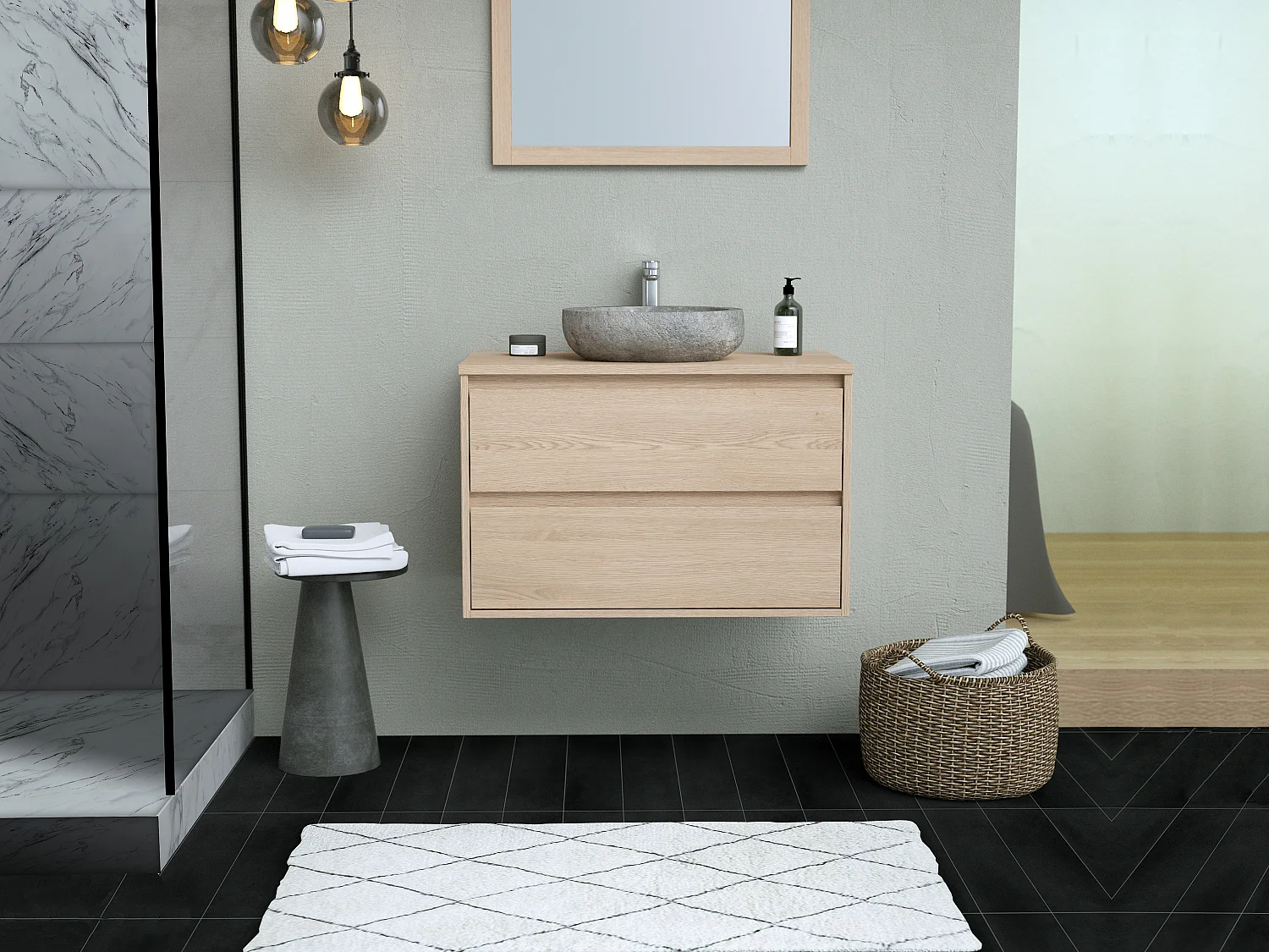 Meuble de salle de bain avec vasque à poser en pierre - Placage chêne - 80 cm - MILIPAM