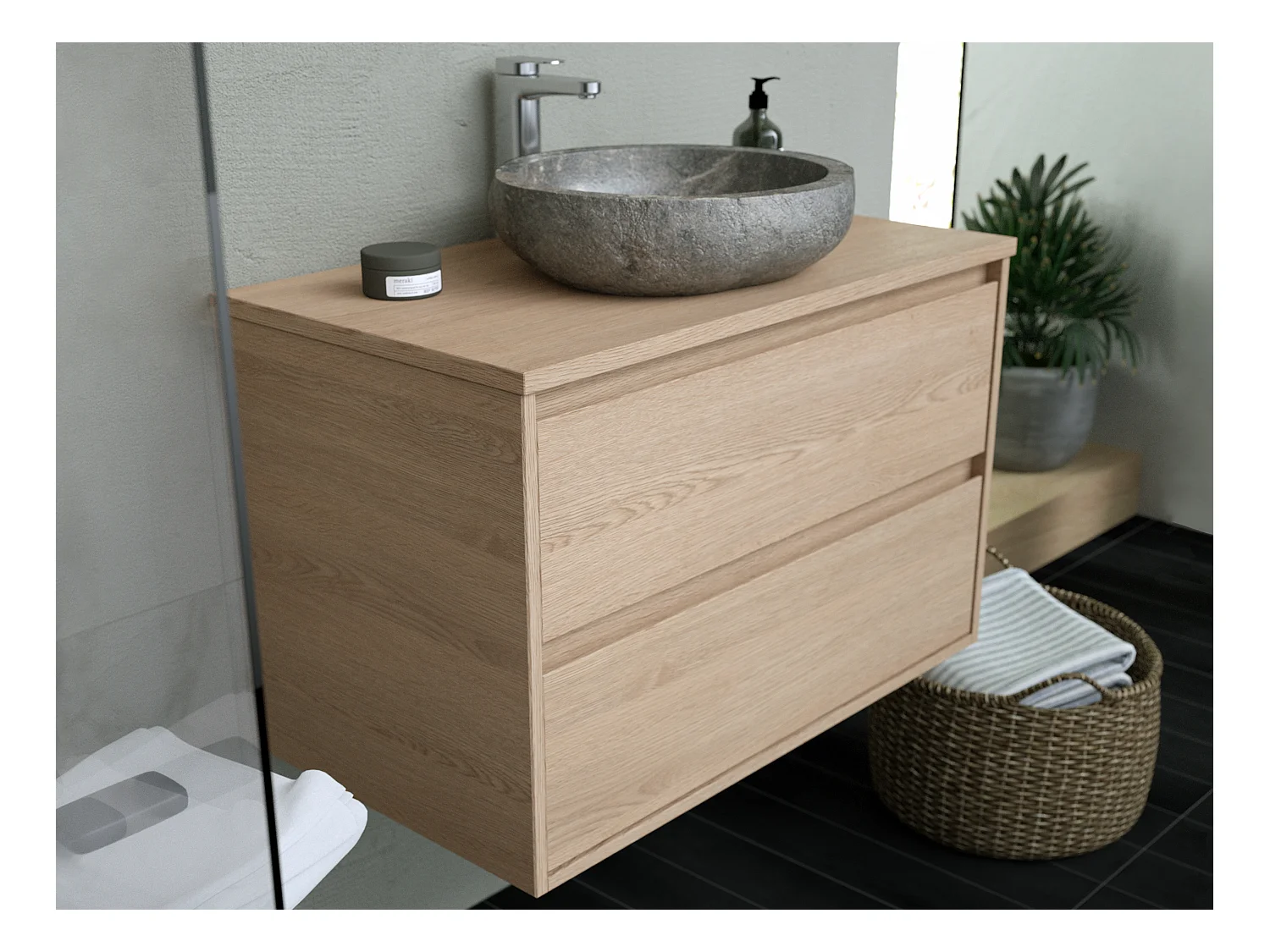 Meuble de salle de bain avec vasque à poser en pierre - Placage chêne - 80 cm - MILIPAM