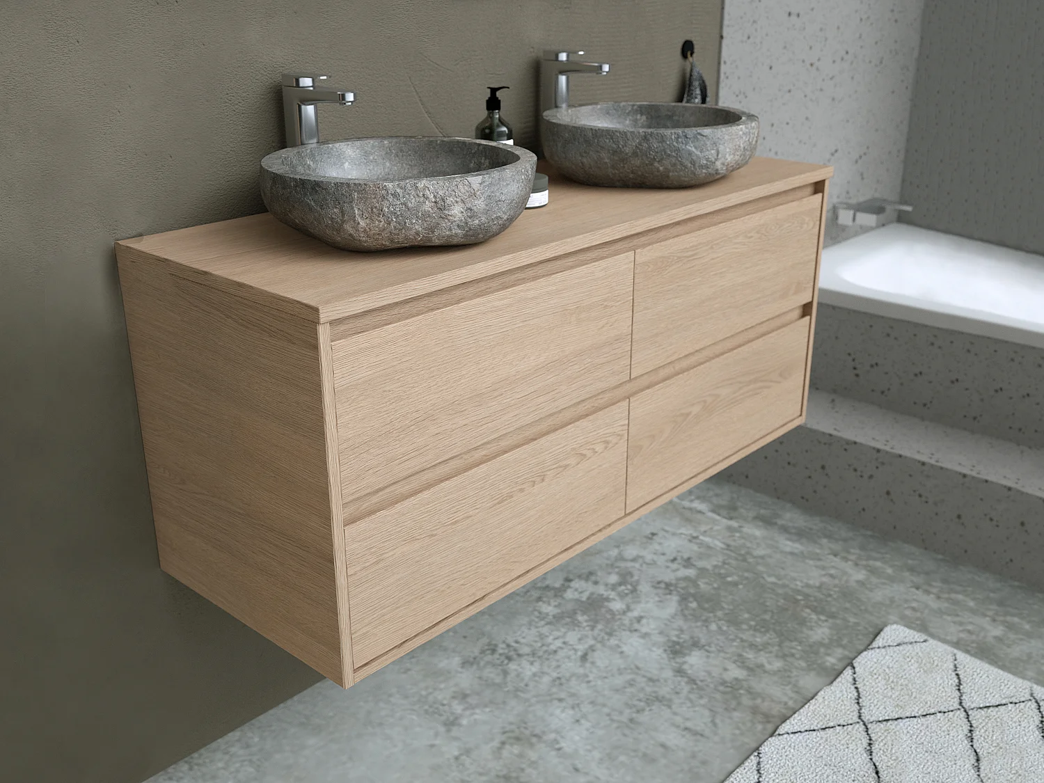 Mueble de baño con dos lavabos de piedra - Chapado en roble - 120 cm - MILIPAM