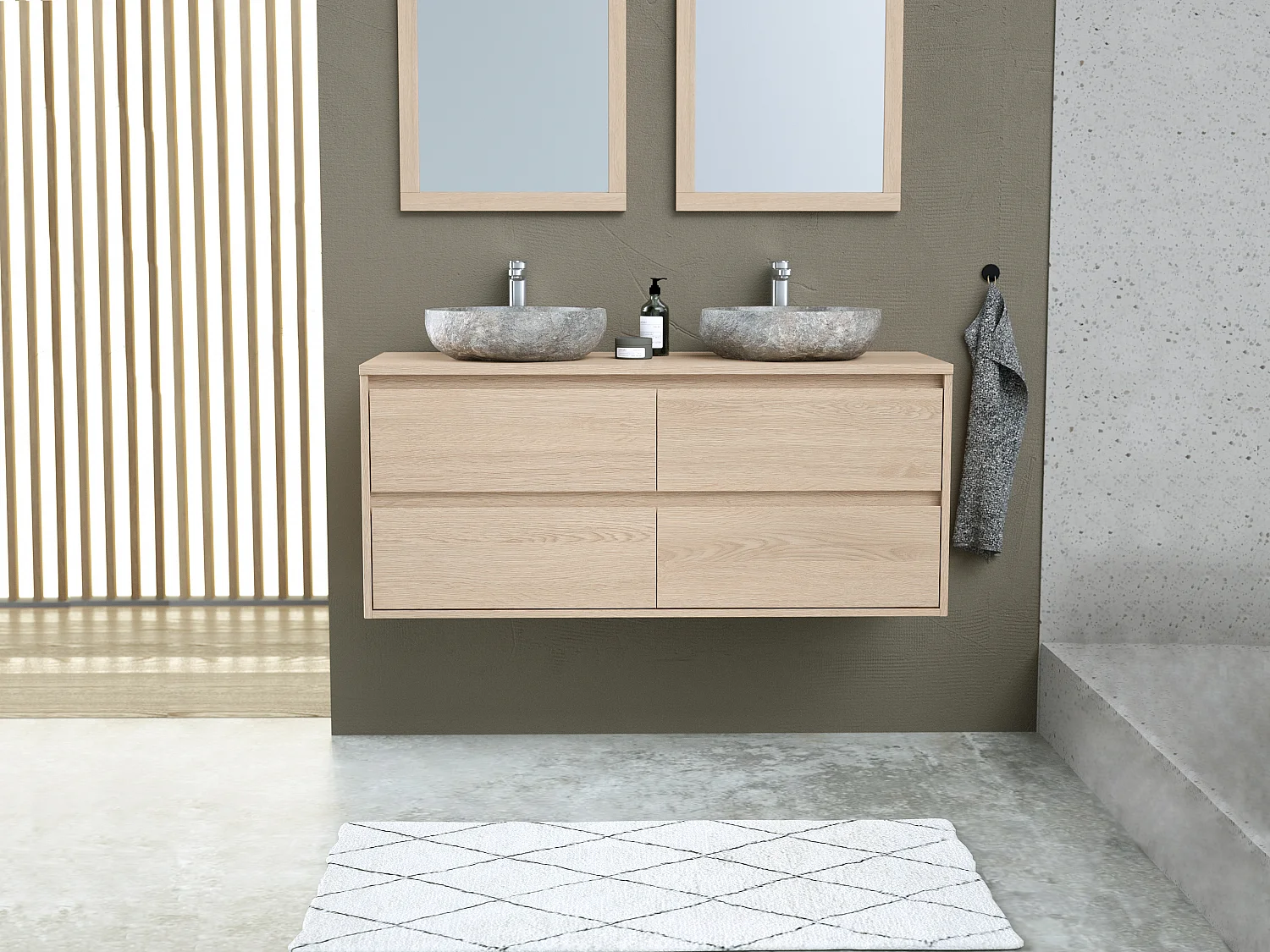 Meuble de salle de bain suspendu avec double vasque à poser en pierre - Placage chêne - 120 cm - MILIPAM