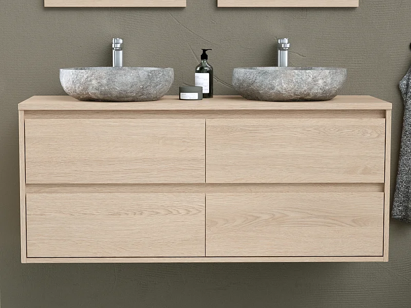 Badkamermeubel met dubbele wastafel van steen - Eikenfineer - 120 cm - MILIPAM