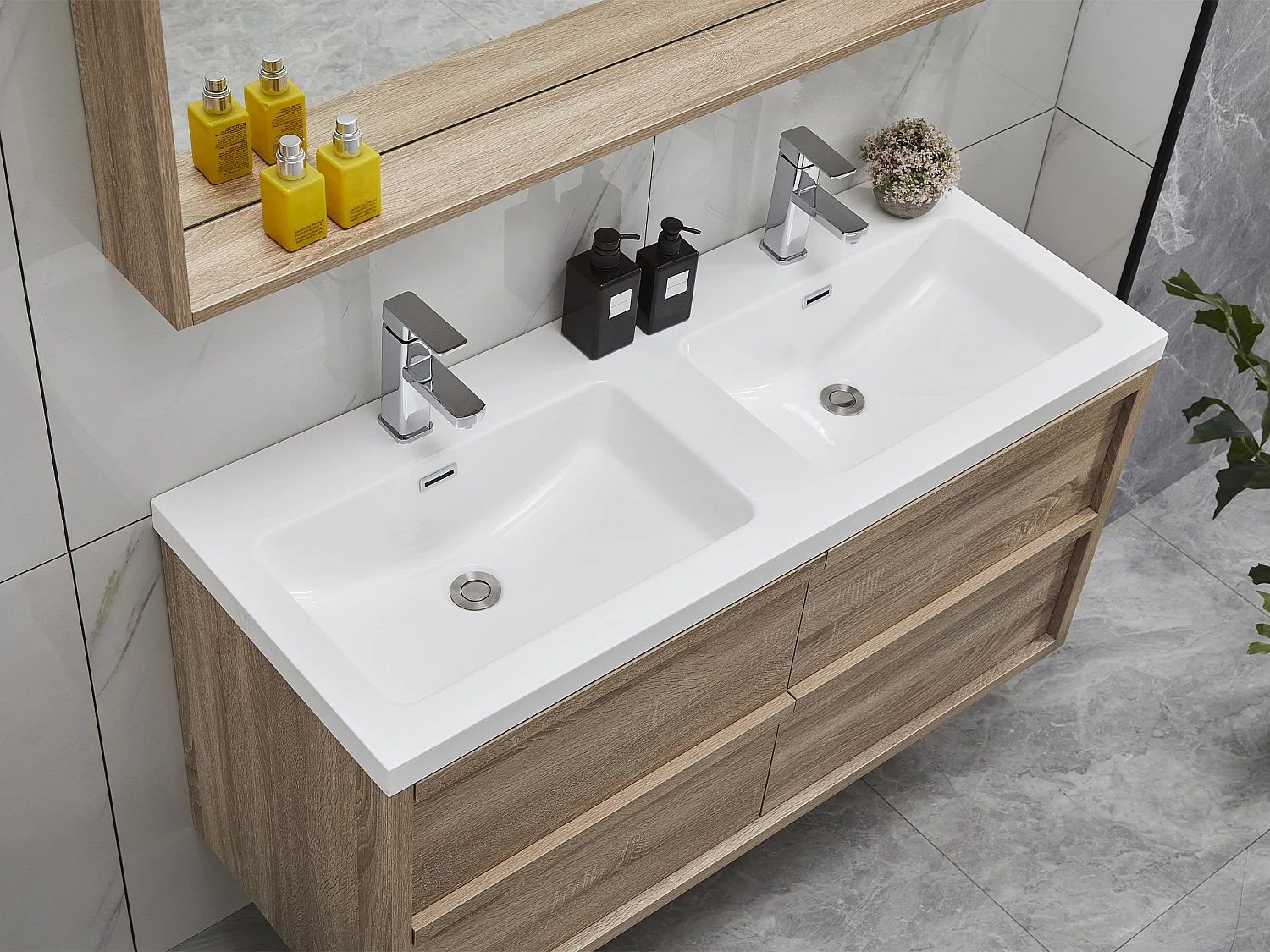 Hangende dubbele wastafel met spiegel - Licht naturelkleurig - 120 cm - QUADRA