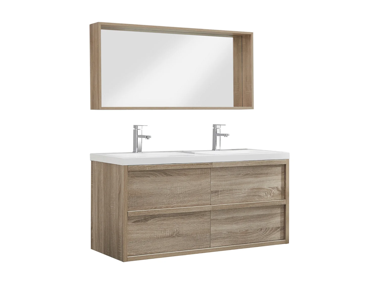 Hangende dubbele wastafel met spiegel - Licht naturelkleurig - 120 cm - QUADRA