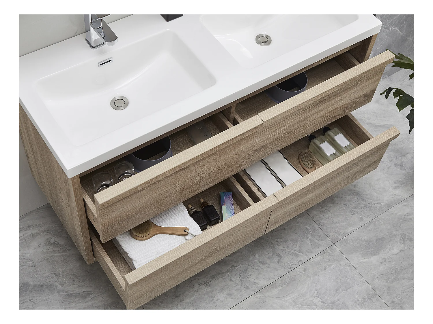 Hangende dubbele wastafel met spiegel - Licht naturelkleurig - 120 cm - QUADRA