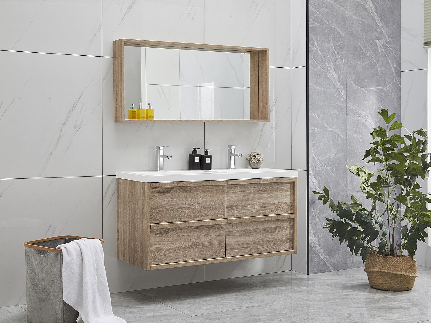 Meuble Salle De Bain Double Vasque 140cm - Avec Miroir Et 2 Robinets - Occasion