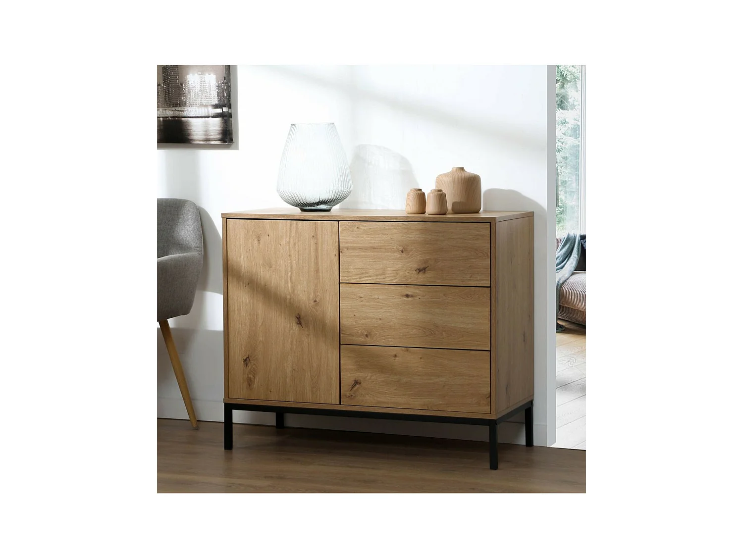 Commode 1 Porte 3 Tiroirs Décor Chêne L90 x H80 cm - LENNY
