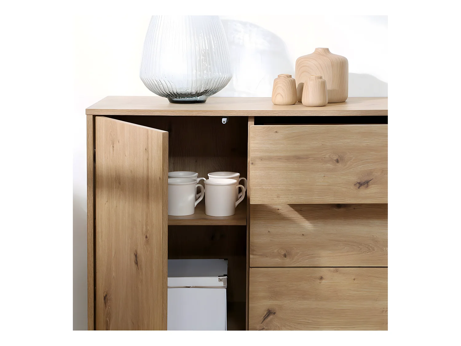 Kommode 1 Tür 3 Schubladen Eichenoptik L90 x H80 cm - LENNY