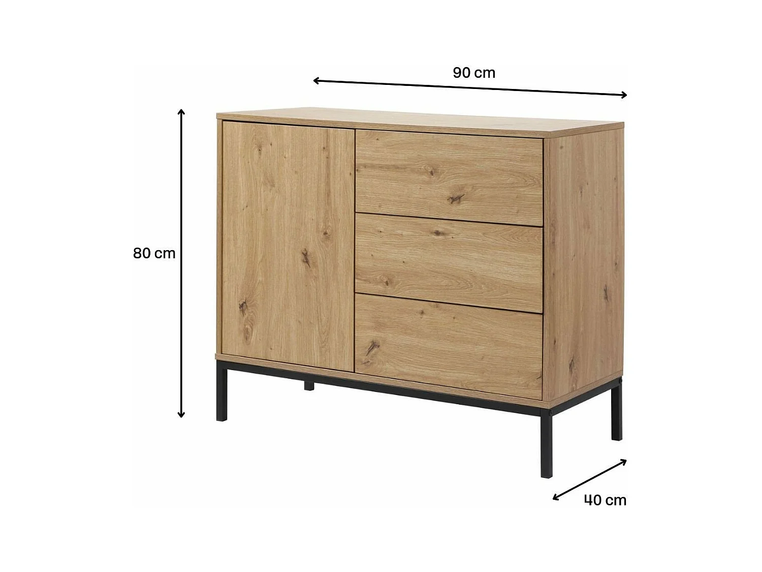 Kommode 1 Tür 3 Schubladen Eichenoptik L90 x H80 cm - LENNY