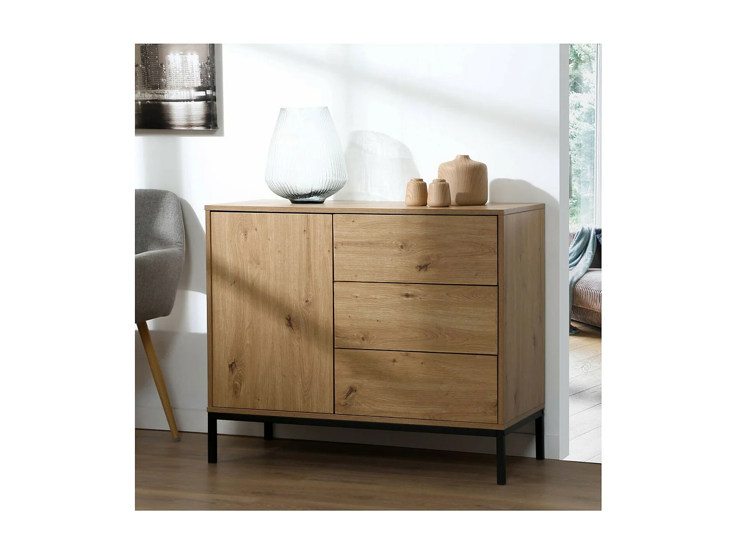 Commode 1 Deur 3 Laden Eikendecor L90 x H80 cm - LENNY