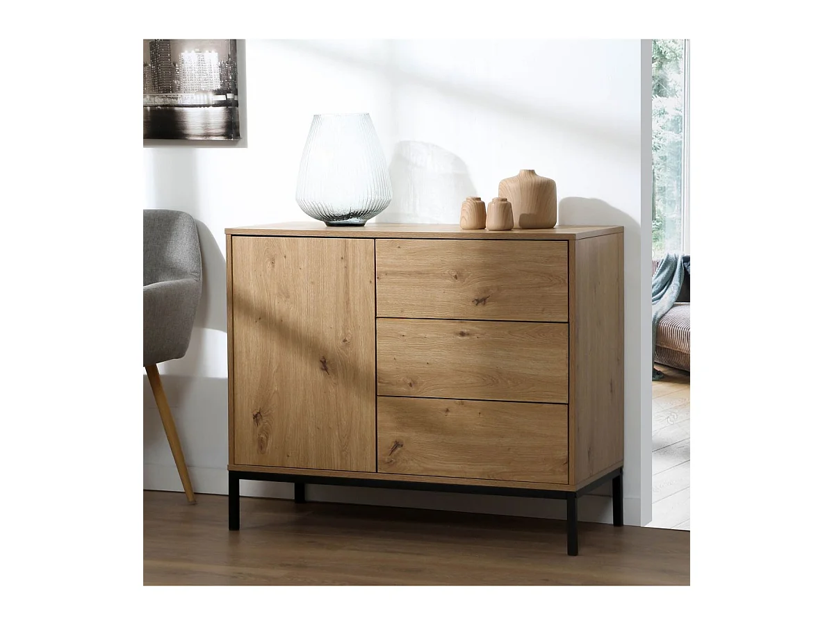 Commode 1 Porte 3 Tiroirs Décor Chêne L90 x H80 cm - LENNY