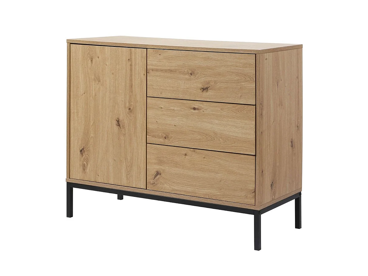 Commode 1 Porte 3 Tiroirs Décor Chêne L90 x H80 cm - LENNY