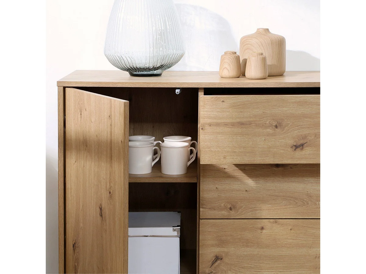 Commode 1 Porte 3 Tiroirs Décor Chêne L90 x H80 cm - LENNY