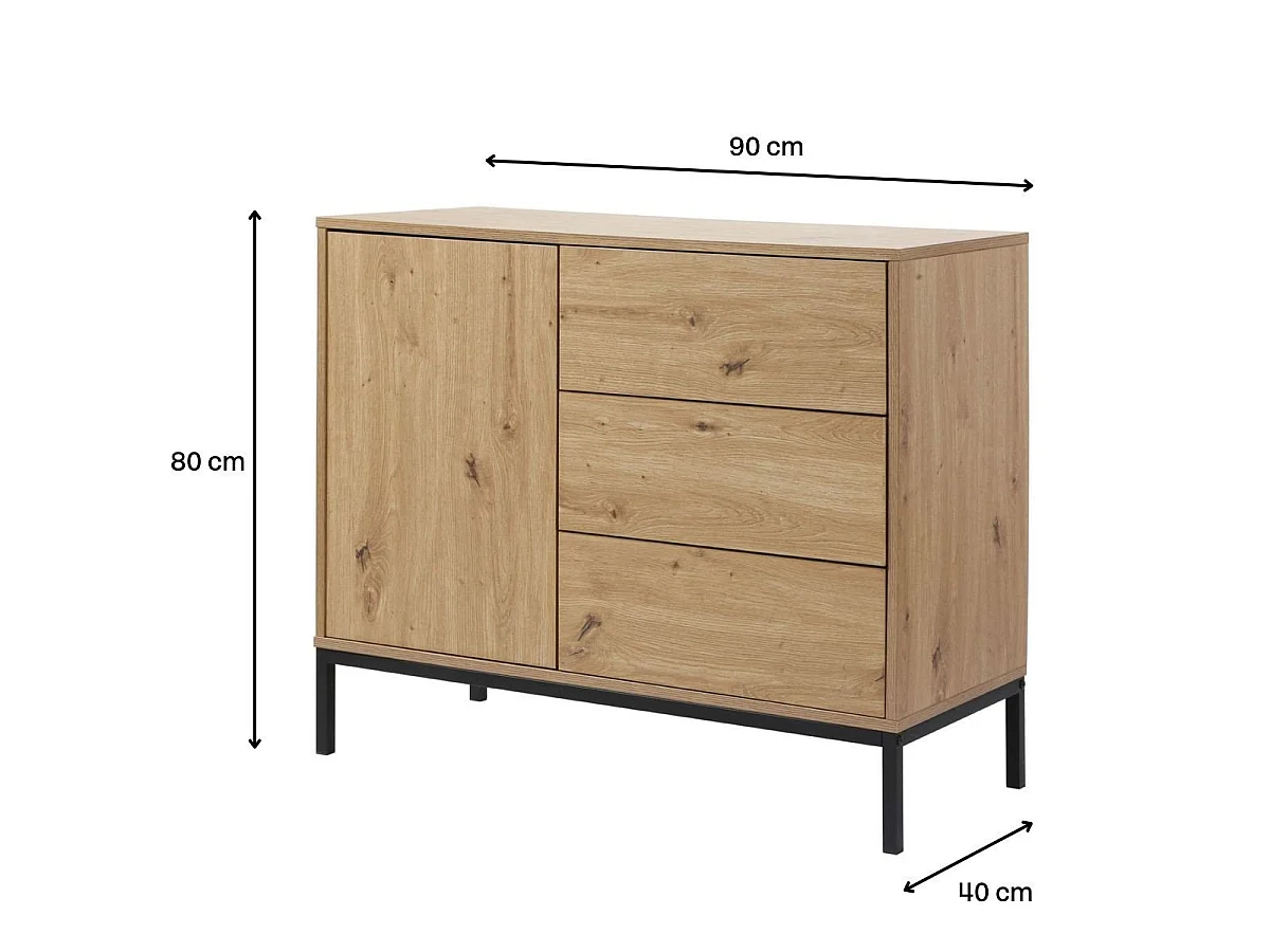 Commode 1 Porte 3 Tiroirs Décor Chêne L90 x H80 cm - LENNY