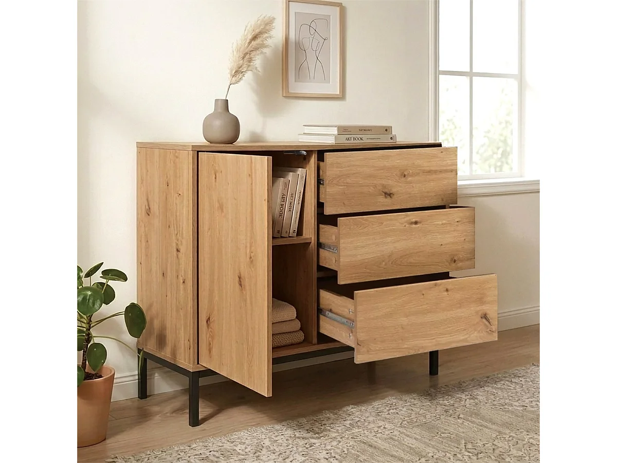 Commode 1 Porte 3 Tiroirs Décor Chêne L90 x H80 cm - LENNY