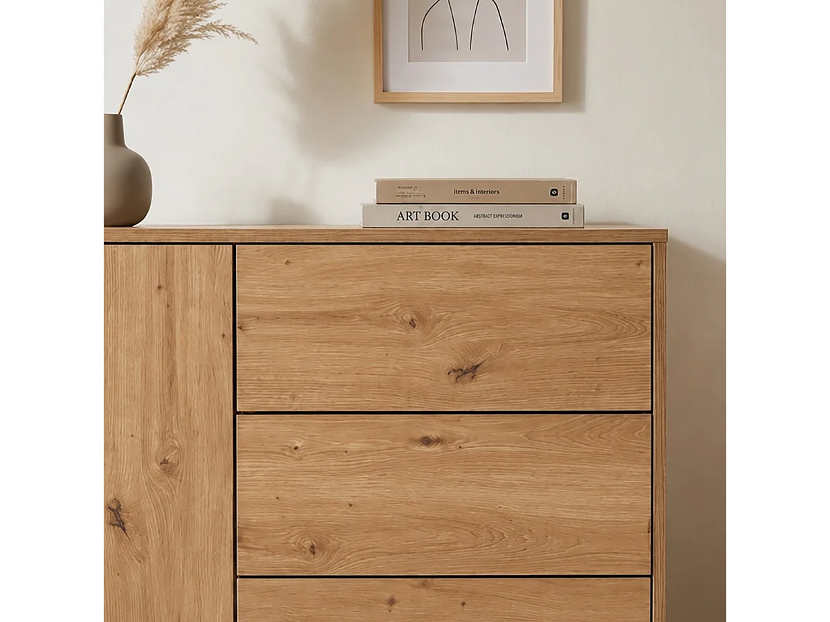 Commode 1 Porte 3 Tiroirs Décor Chêne L90 x H80 cm - LENNY