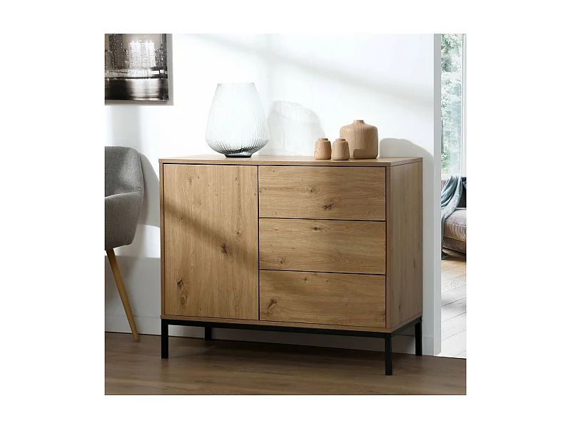 Commode 1 Deur 3 Laden Eikendecor L90 x H80 cm - LENNY