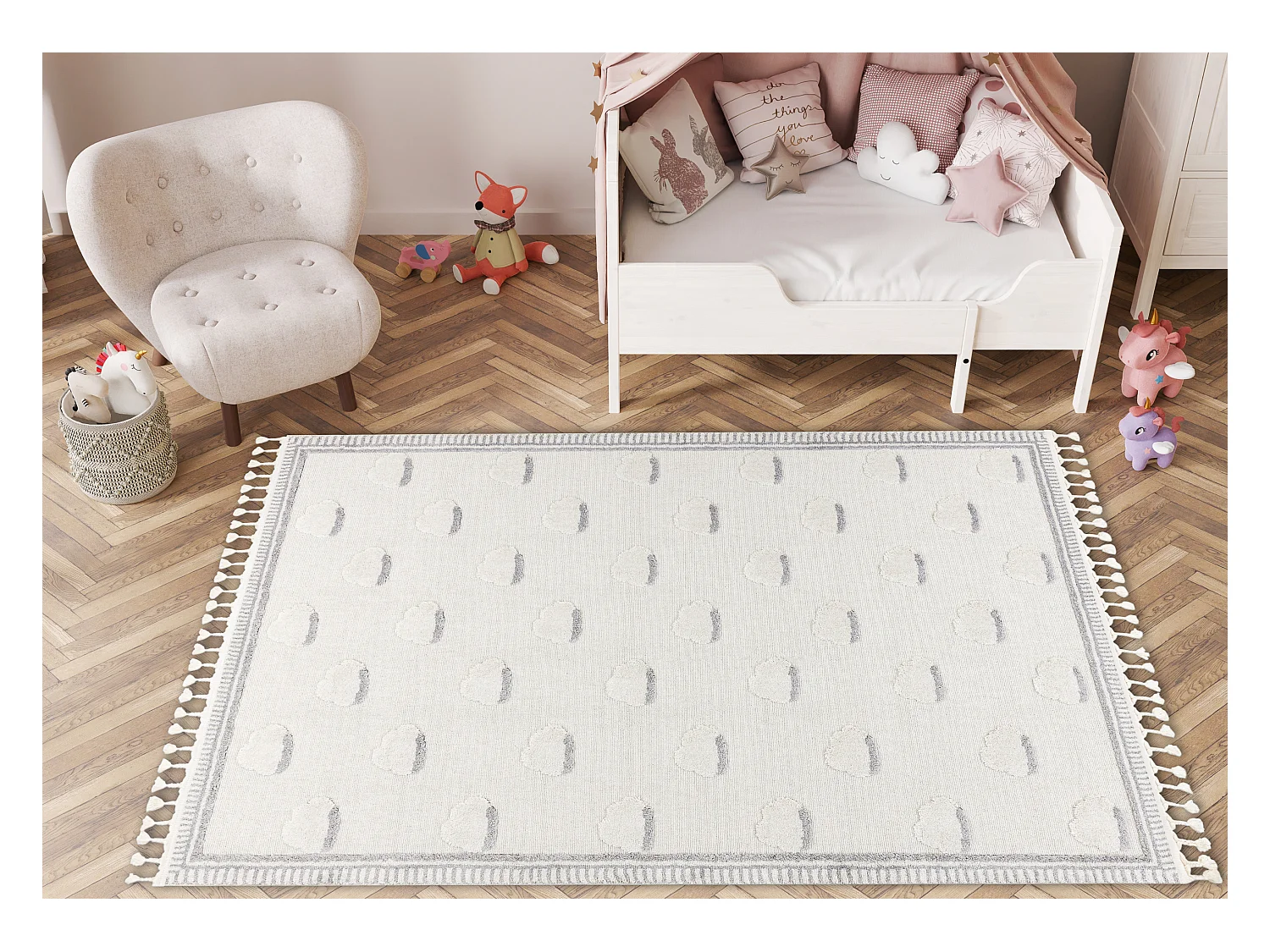 Tapis YOYO GD62 blanc / gris - Nuages en peluche pour enfants, structu 120x170 cm
