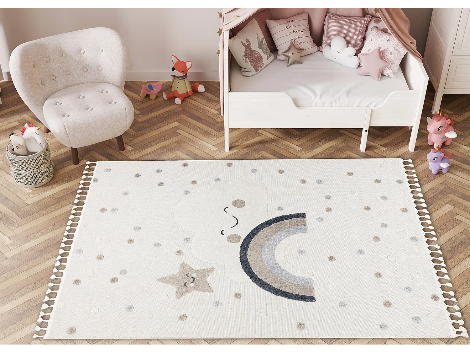 Teppich YOYO EY78 weiß / beige - Wolke, Regenbogen, Punkte für Kinde 200x290 cm
