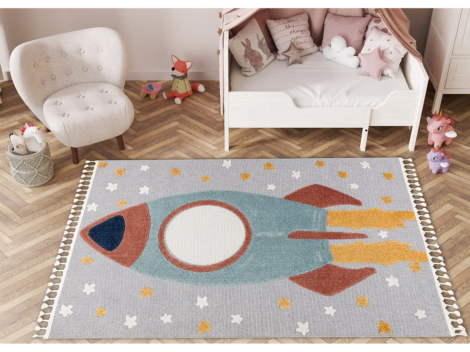 Tapis YOYO GD55 gris / bleu - étoiles, la roquette en peluche pour en 160x220 cm