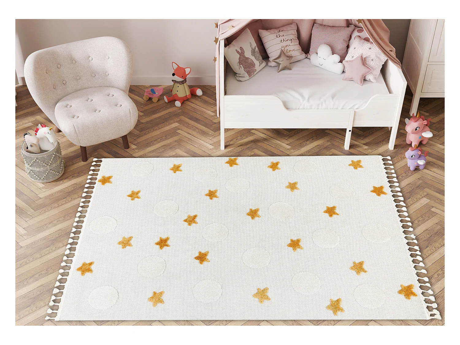Tapis YOYO GD75 blanc / orange - étoiles, cercles en peluche pour enf 120x170 cm