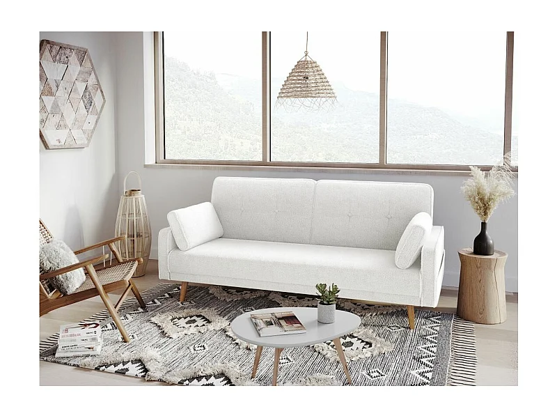 Canapé droit 3 places Elga scandinave convertible en tissu bouclette - Blanc - L205 x P87 x H85cm - Loungitude