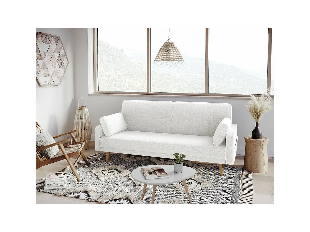 Canapé droit 3 places Elga scandinave convertible en tissu bouclette - Blanc - L205 x P87 x H85cm - Loungitude