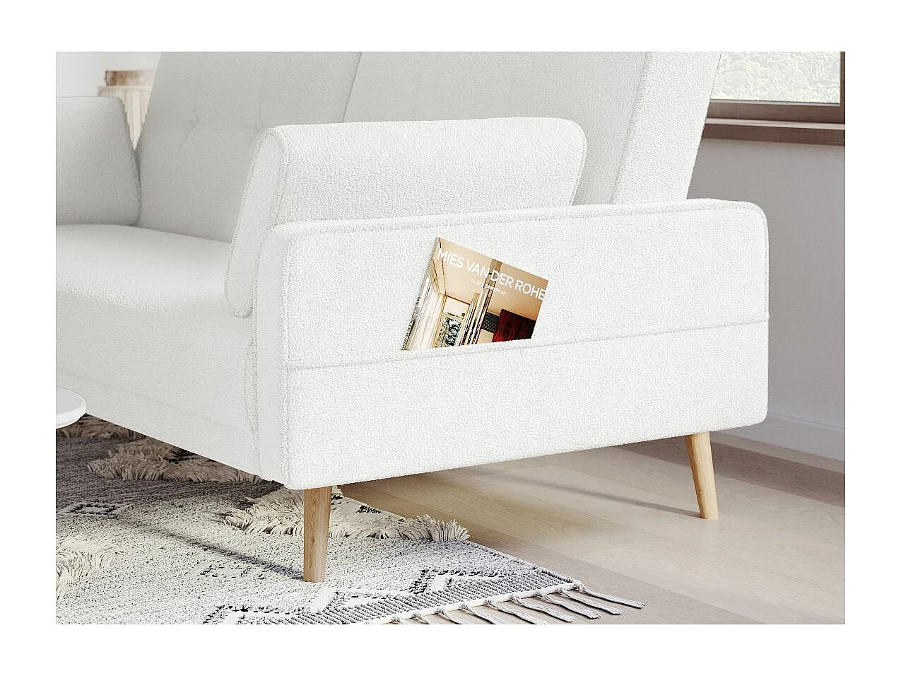 Canapé droit 3 places Elga scandinave convertible en tissu bouclette - Blanc - L205 x P87 x H85cm - Loungitude