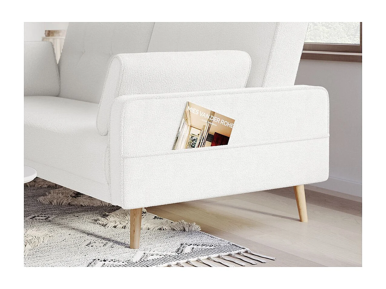 Canapé droit 3 places Elga scandinave convertible en tissu bouclette - Blanc - L205 x P87 x H85cm - Loungitude