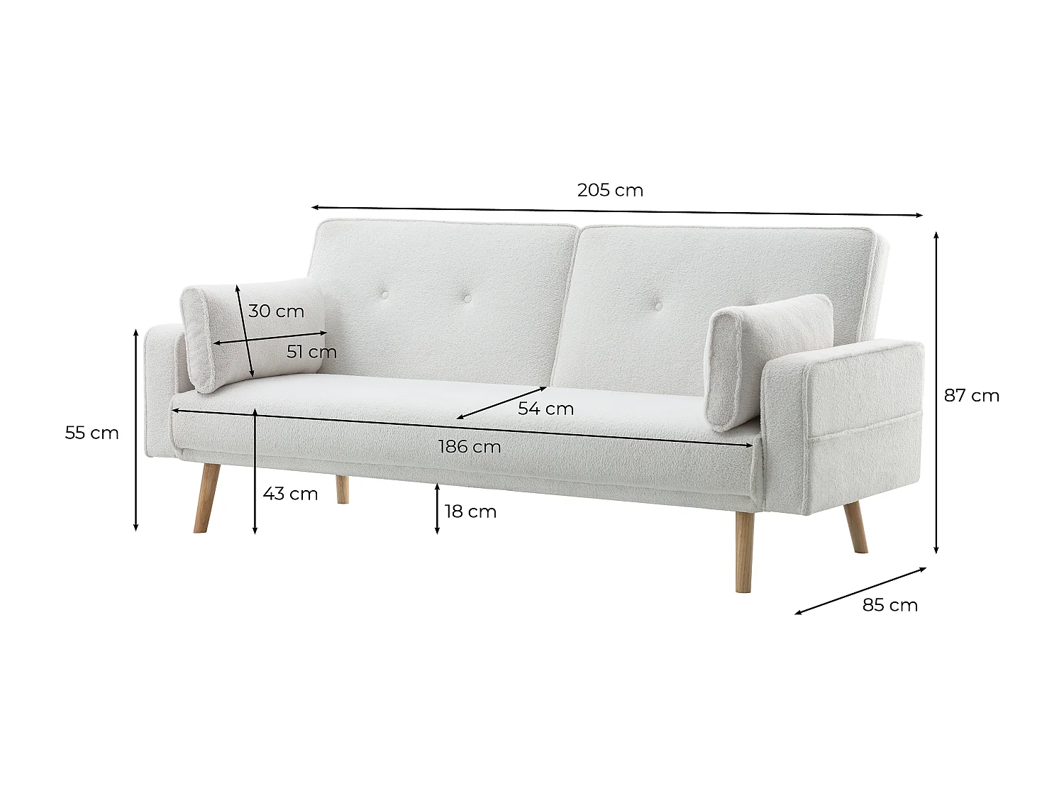 Canapé droit 3 places Elga scandinave convertible en tissu bouclette - Blanc - L205 x P87 x H85cm - Loungitude