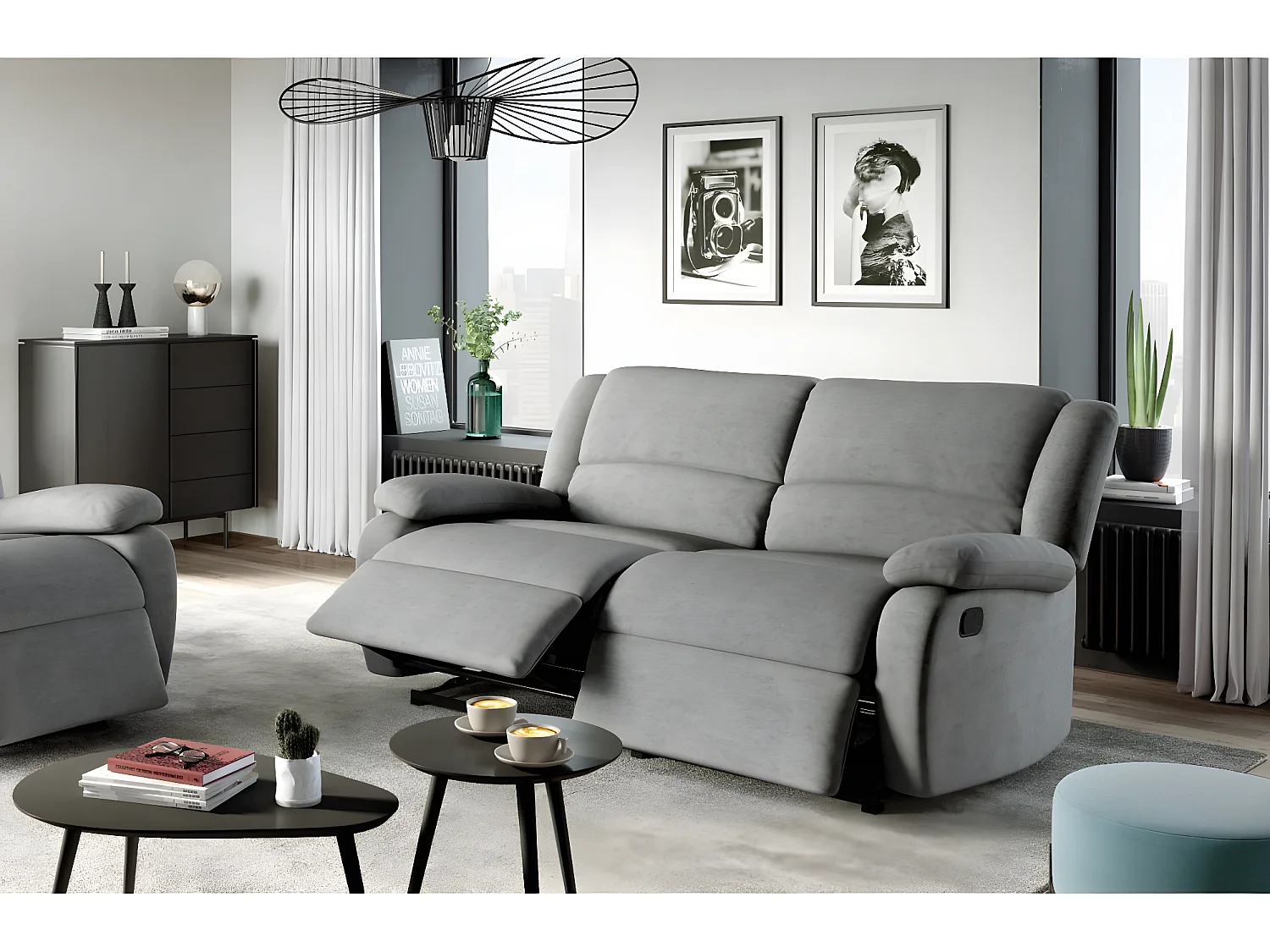 Canapé relax manuel 3 places avec 2 assises XXL Léo en microfibre - Gris - L193 x P93 x H96cm - Loungitude