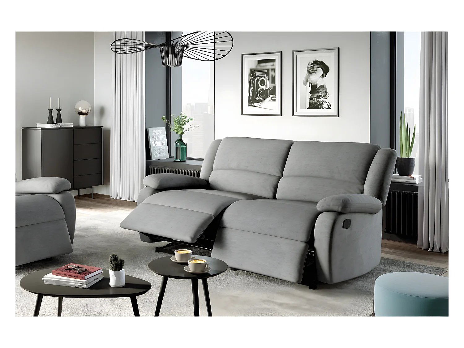Canapé relax manuel 3 places avec 2 assises XXL Léo en microfibre - Gris - L193 x P93 x H96cm - Loungitude