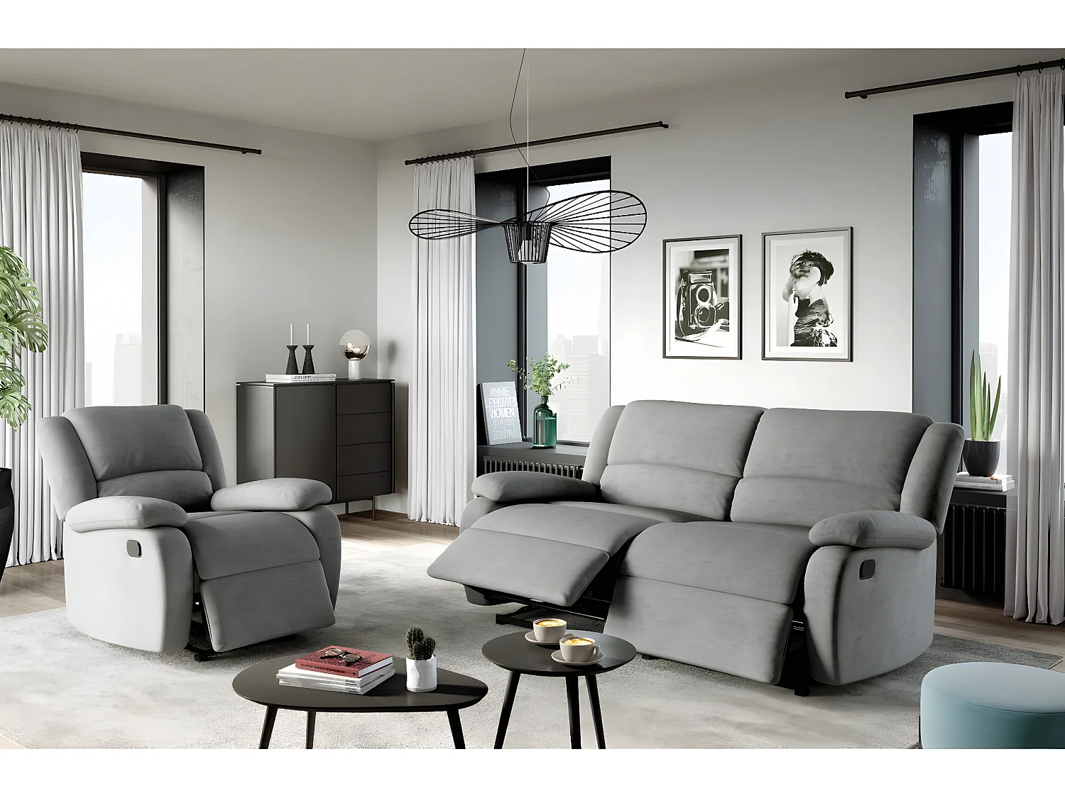 Canapé relax manuel 3 places avec 2 assises XXL Léo en microfibre - Gris - L193 x P93 x H96cm - Loungitude