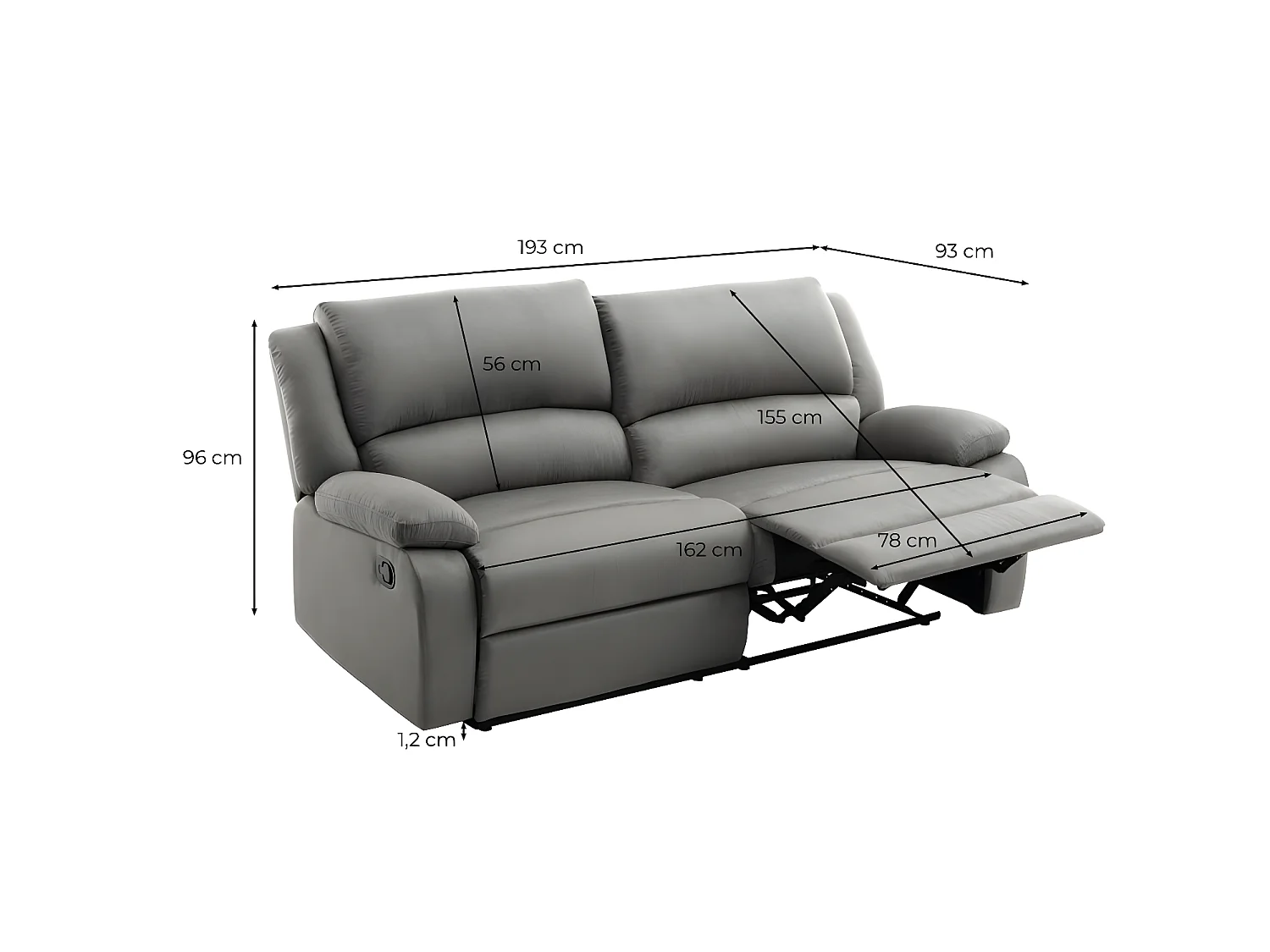 Canapé relax manuel 3 places avec 2 assises XXL Léo en microfibre - Gris - L193 x P93 x H96cm - Loungitude