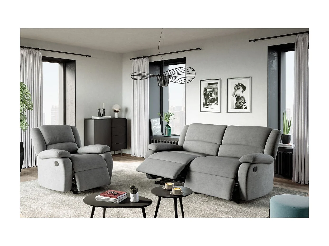 Canapé relax manuel 3 places avec 2 assises XXL Léo en microfibre - Gris - L193 x P93 x H96cm - Loungitude