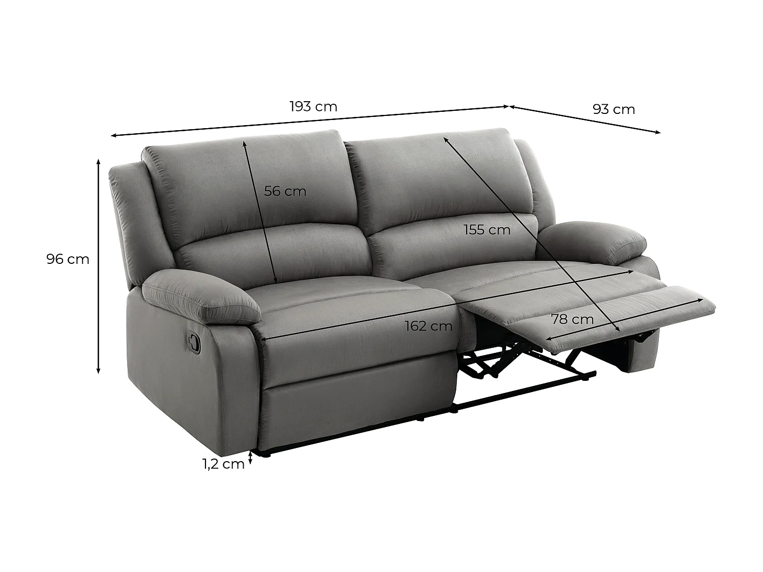 Canapé relax manuel 3 places avec 2 assises XXL Léo en microfibre - Gris - L193 x P93 x H96cm - Loungitude